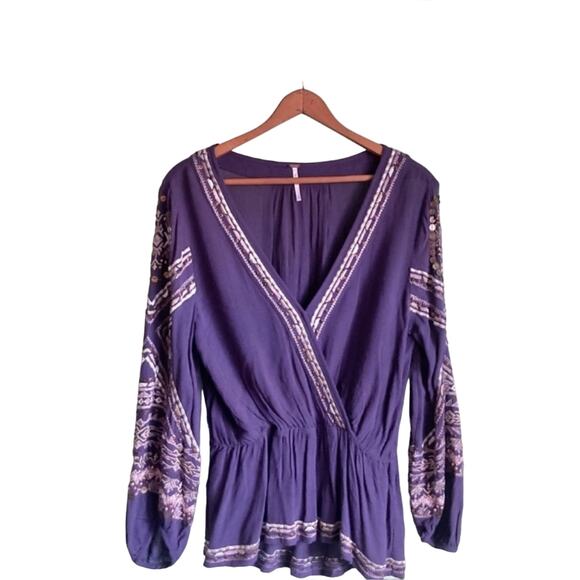 Free People Sequins Blouse Women Sz S Purple  Embroidered Long Puff Sleeves Boho - Picture 11 of 15